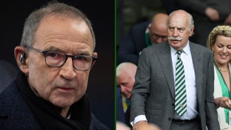 Split image of Celtic legend Martin OI'Neill and Celtic majority shareholder Dermot Desmond at Celtic Park.