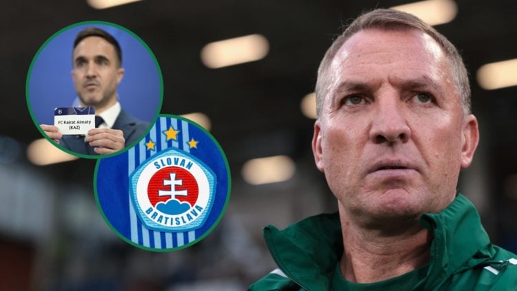 Brendan Rodgers looks on before Celtic's pre-season friendly, an inset of Kairat Almaty being drawn out of the hat for the Champions League, an ins...