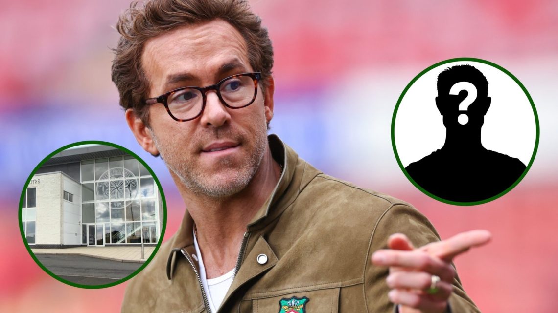 Image of Wrexham's Ryan Reynolds with an overlay of Celtic's Lennoxtown training facility and a mystery Celtic player.