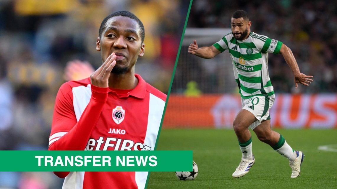 Michel-Ange Balikwisha reacts to a decision during a Royal Antwerp game, Cameron Carter-Vickers of Celtic in action during Celtic FC vs SK Slovan B...