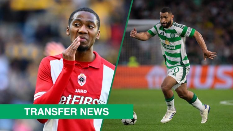 Michel-Ange Balikwisha reacts to a decision during a Royal Antwerp game, Cameron Carter-Vickers of Celtic in action during Celtic FC vs SK Slovan B...