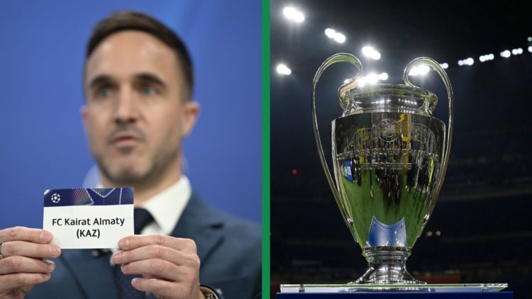 A split image of FC Kairat Almaty being drawn during the UEFA Champions League 2025/26 First Qualifying Round draw and the Champions League trophy ...
