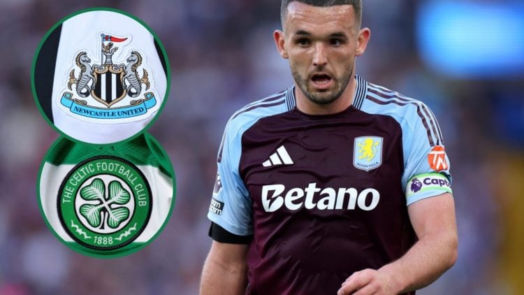 John McGinn captains Aston Villa during their Premier League game vs Tottenham Hotspur, an inset of a detailed view of the Celtic badge, an inset o...