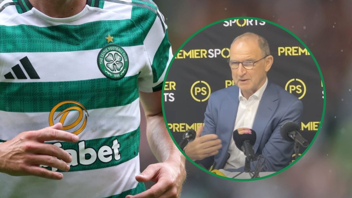 Martin O'Neill during a Premier Sports press conference right inset and a mystery Celtic player's body with head cropped off