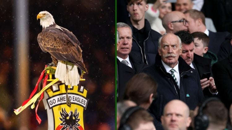Split image of Celtic chairman Peter Lawwell, Celtic shareholder Dermot Desmond and Celtic CEO Michael Nicholson and Go Ahead Eagles mascot