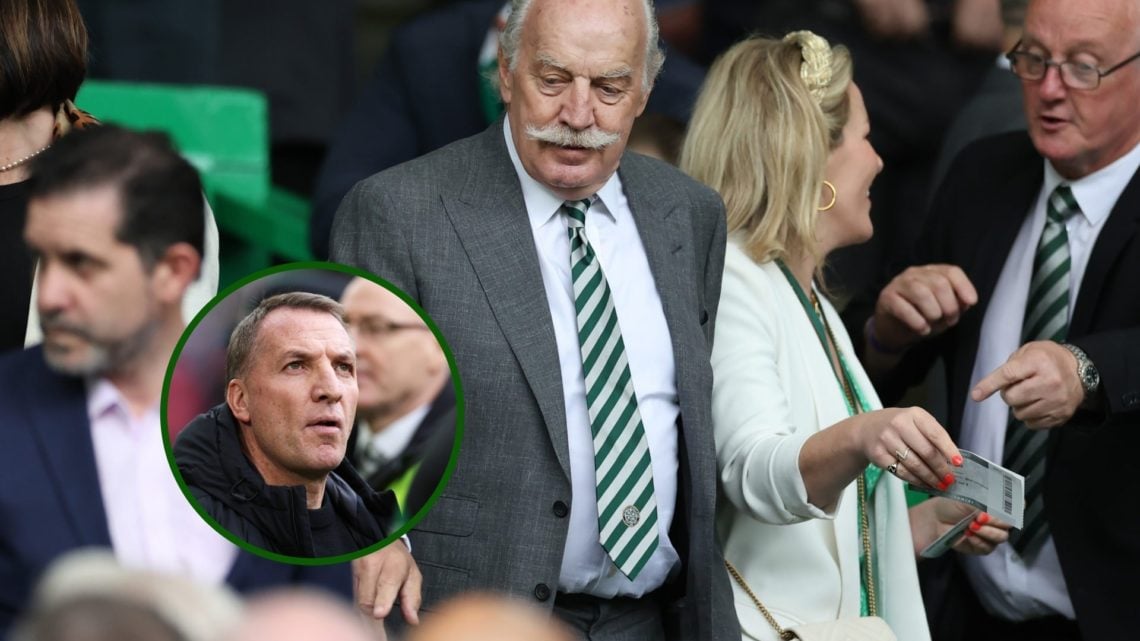Image of Celtic majority shareholder Dermot Desmond at Celtic Park looking down on an overlay of Celtic manager Brendan Rodgers.