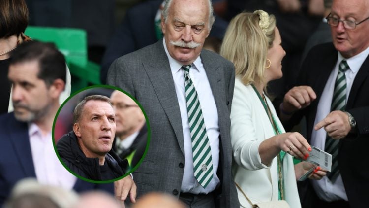 Image of Celtic majority shareholder Dermot Desmond at Celtic Park looking down on an overlay of Celtic manager Brendan Rodgers.
