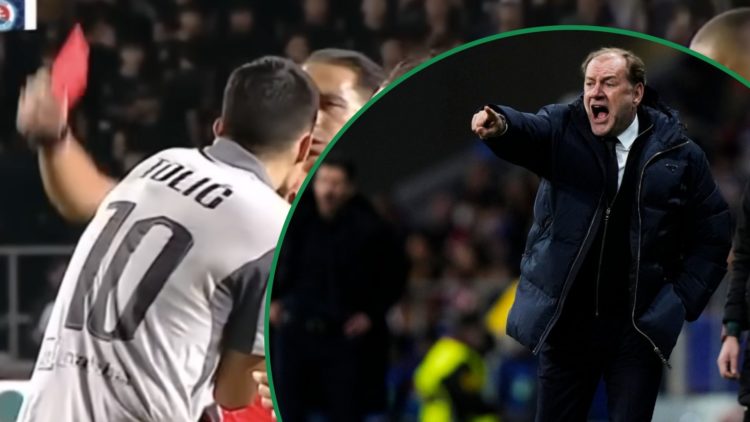 Slovan Bratislava player is sent off by the referee against Kairat Almaty during Champions League qualifier left and Slovan Bratislava manager Vlad...
