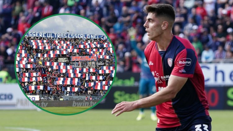 Celtic target Adam Obert dribbling with the ball for Cagliari right with Cagliari ultras holding up flags in their home stadium left inset