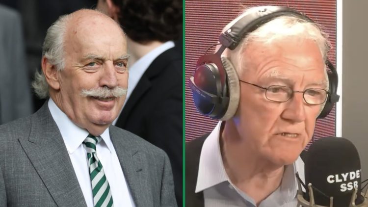 Celtic's majority shareholder Dermot Desmond at Celtic Park left and Hugh Keevins speaking live on Clyde 1 Superscoreboard radio show right