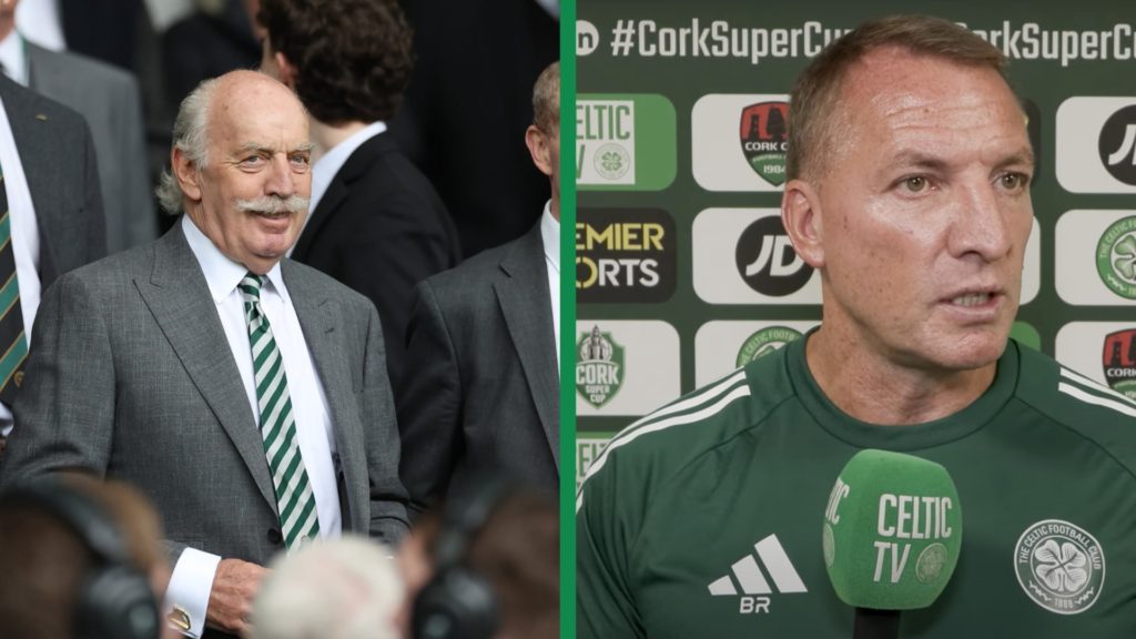 A split image of Celtic's majority shareholder, Dermot Desmond, and Brendan Rodgers speaking to Celtic TV.