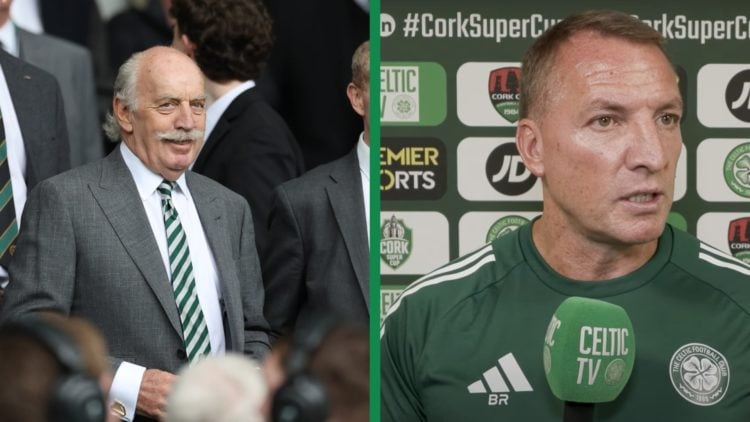 A split image of Celtic's majority shareholder, Dermot Desmond, and Brendan Rodgers speaking to Celtic TV.