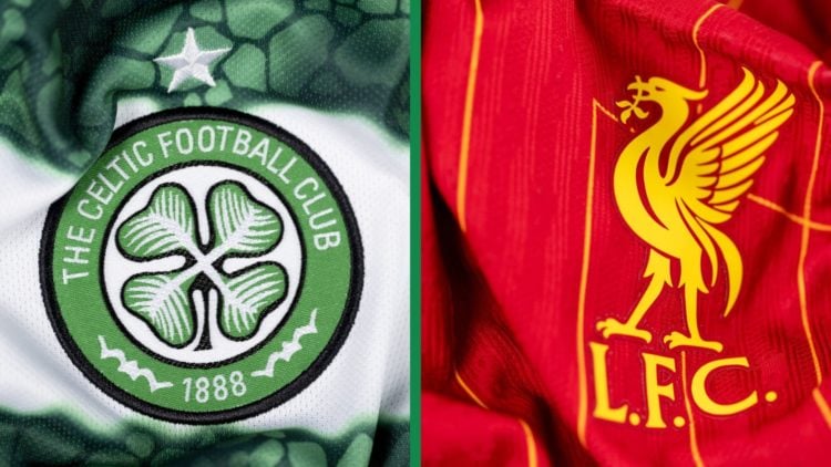 A split image of a detailed image of the Celtic badge on the front of a shirt and a close-up of the Liverpool shirt.