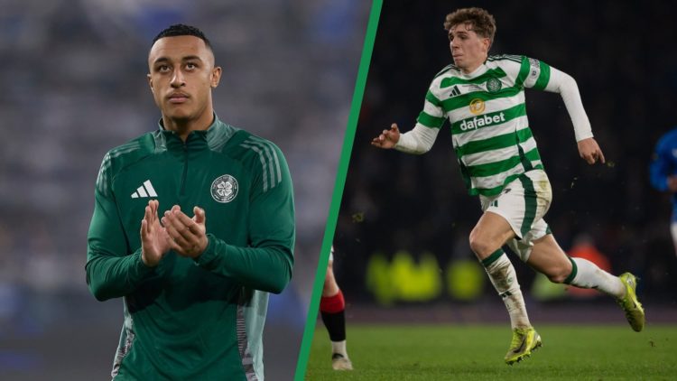 A split image of Adam Idah applauding the Celtic fans after a Champions League game and Arne Engels chasing the ball for Celtic against Rangers.
