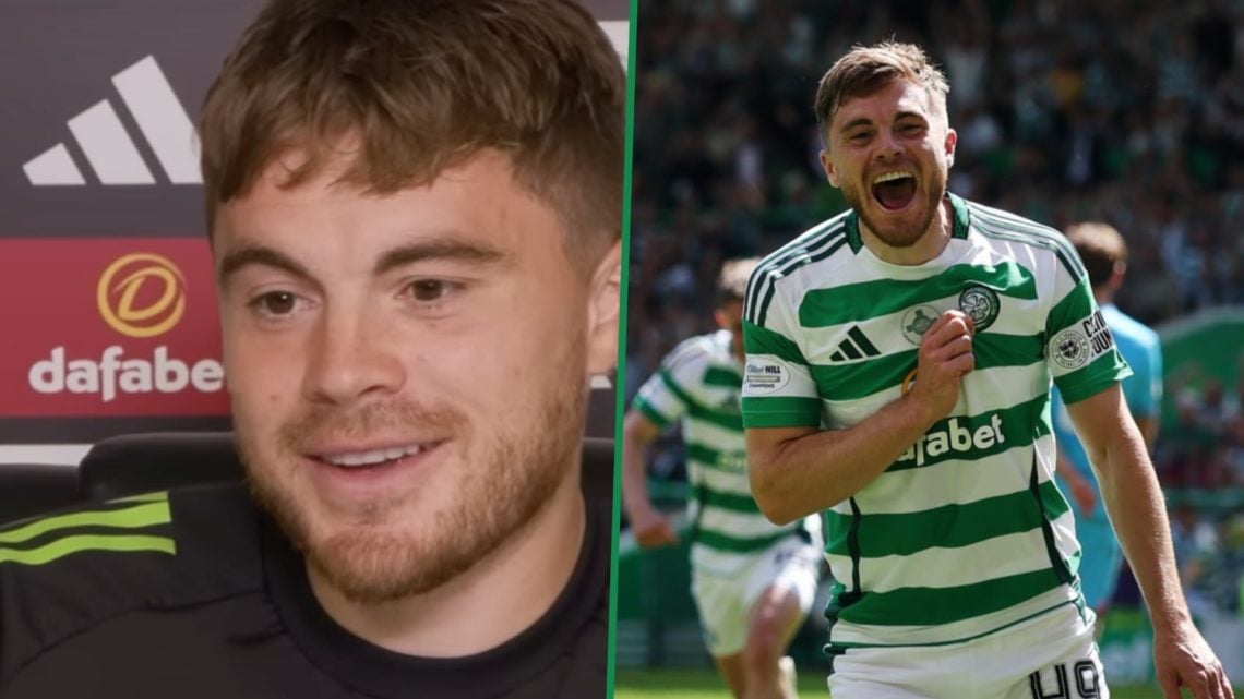 James Forrest smiles at a press conference held at Celtic Park left and Forrest celebrating his goal vs St Mirren at Parkhead right