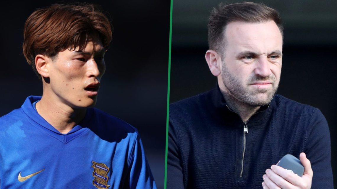 Kyogo Furuhashi makes his debut for Birmingham City left and pundit James McFadden with a microphone at Hampden Park right