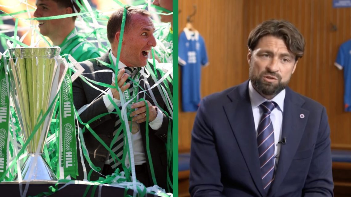 A split image of Brendan Rodgers celebrating Celtic winning the 2024/25 Premiership title, and Russell Marting conducting an interview as the new R...