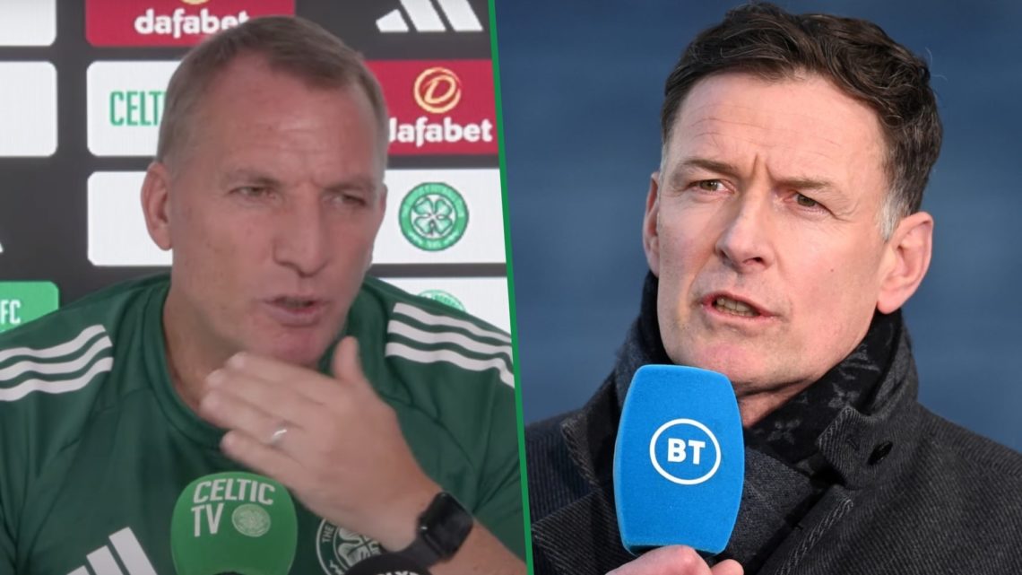 Brendan Rodgers reacts during his pre-Aberdeen vs Celtic press conference at Lennoxtown left and Chris Sutton speaks into BT Sport microphone right
