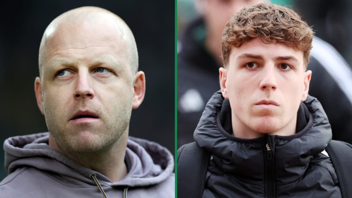 Steven Naismith at Celtic Park before Hearts played Celtic left and Arne Engels arriving in matchday gear at Celtic Park right