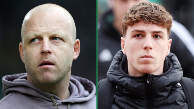 Steven Naismith at Celtic Park before Hearts played Celtic left and Arne Engels arriving in matchday gear at Celtic Park right