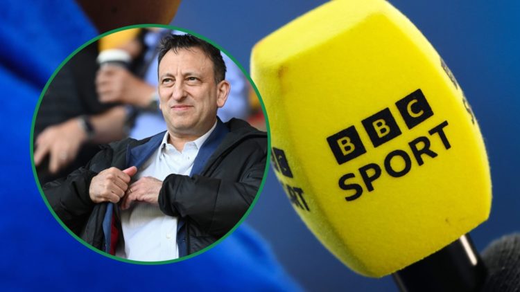 New Hearts investor Tony Bloom at Molineux for Wolves vs Brighton left and a detailed view of BBC Sport microphone right