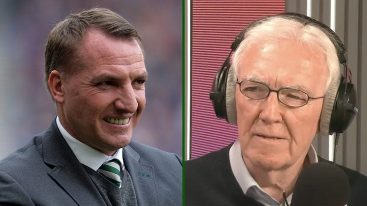 Split image of Celtic Brendan Rodgers smiling after facing Rangers at Ibrox and radio pundit Hugh Keevins looking confused.