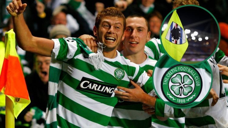 Massimo Donati of Celtic celebrates after scoring during the UEFA Champions League match between Celtic and Shakhtar Donetsk, an inset of the Samdo...
