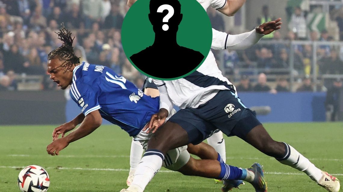 Etienne Youte makes a tackle during Le Havre vs Strasbourg, an inset of a mystery man