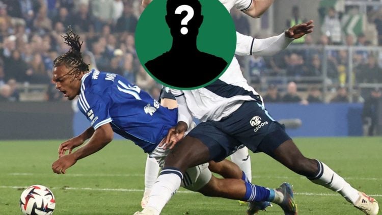 Etienne Youte makes a tackle during Le Havre vs Strasbourg, an inset of a mystery man
