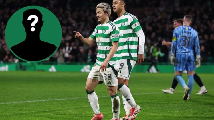 Daizen Maeda celebrates with Adam Idah after Celtic's goal against Dundee, an inset of a mystery man
