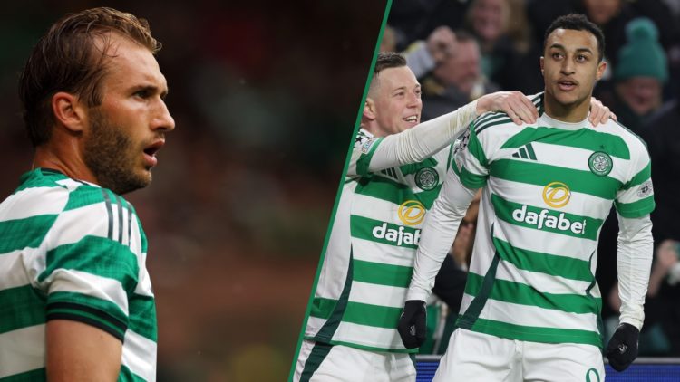 Benjamin Nygren in action for Celtic during their pre-season game against Newcastle United, Adam Idah celebrates his goal against Young Boys with C...
