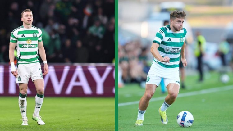 A split image of Alistair Johnston in action for Celtic against Bayern Munich in the Champions League and James Forrest running with the ball durin...