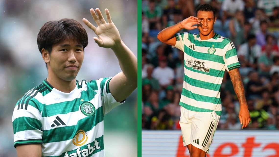 A split image of Shin Yamada waving to the Celtic fans before their pre-season game against Newcastle United and Adam Idah in pre-season action for...