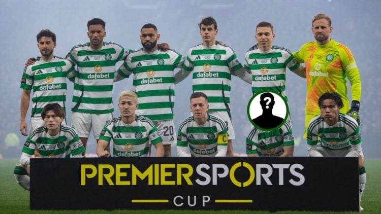 Image of the Celtic starting line up in the Premier Sports Cup final against Rangers with Greg Taylor's face blanked out.