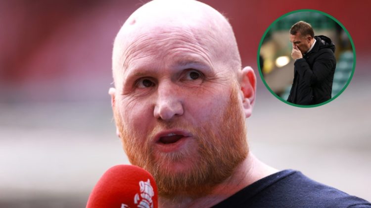 John Hartson on punditry duty for the FA Cup semi-final between Coventry City and Manchester United, an inset of Brendan Rodgers looking dejected a...