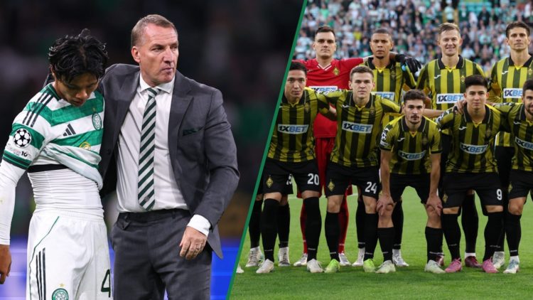 Brendan Rodgers consoles Reo Hatate after the Champions League play-off vs Kairat Almaty, Kairat Almaty pose for a photo for a team group prior to ...