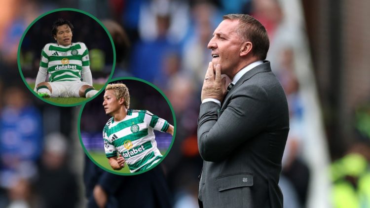 Reo Hatate looks exhausted after a Celtic game, Daizen Maeda in action for Celtic in the Champions League, Brendan Rodgers pauses for thought durin...