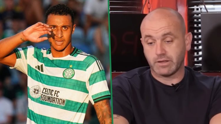 Adam Idah looks on during Celtic vs Sporting CP friendly match left and James McFadden speaks during Open Goal podcast recording right