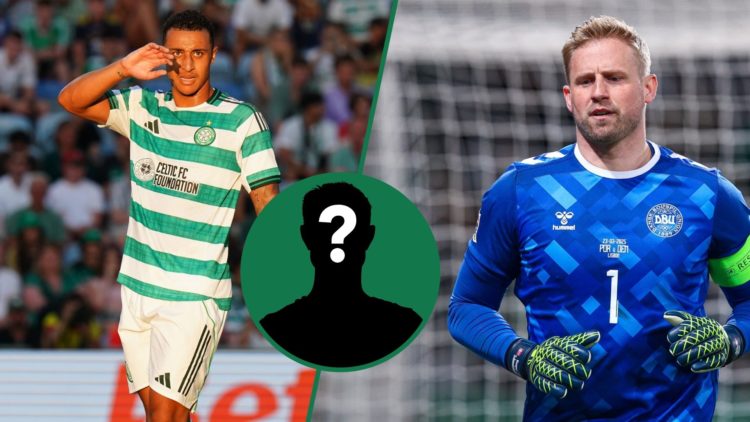 Adam Idah in action for Celtic vs Sporting CP during a friendly, an inset of a mystery man, Kasper Schmeichel represents Denmark against Portugal i...