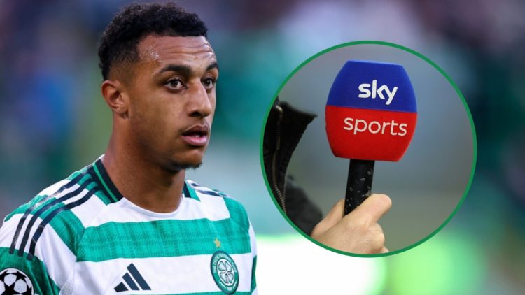 Adam Idah looks on during Celtic vs Kairat Almaty left and detailed view of Sky Sports microphone inset right