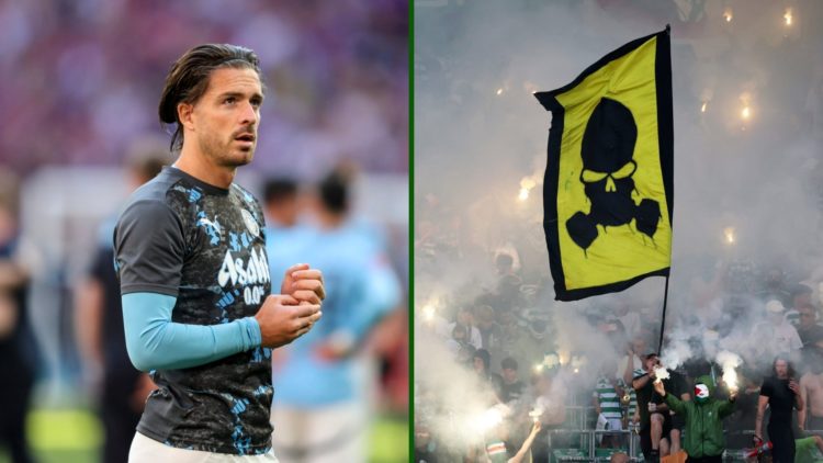 Split image of Jack Grealish in action for Man City and the Celtic fans enjoying the Trophy Day draw with St Mirren at Celtic Park.