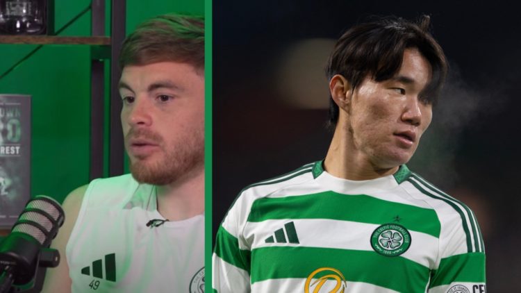 A split image of James Forrest talking with Celtic TV and Hyunjun Yang in action for Celtic against Club Brugge in the Champions League.
