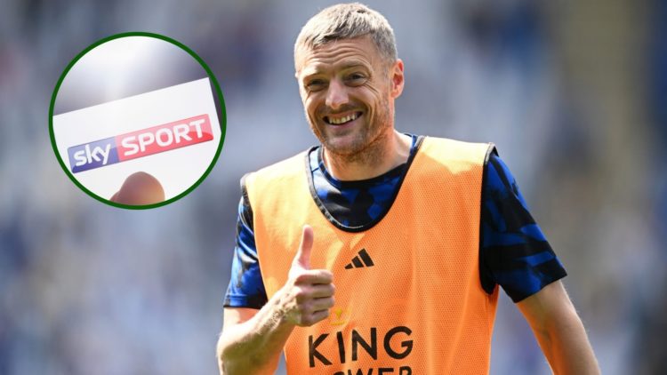 Image of Celtic target Jamie Vardy at Leicester City and an overlay of the Sky Sports logo on a mobile.