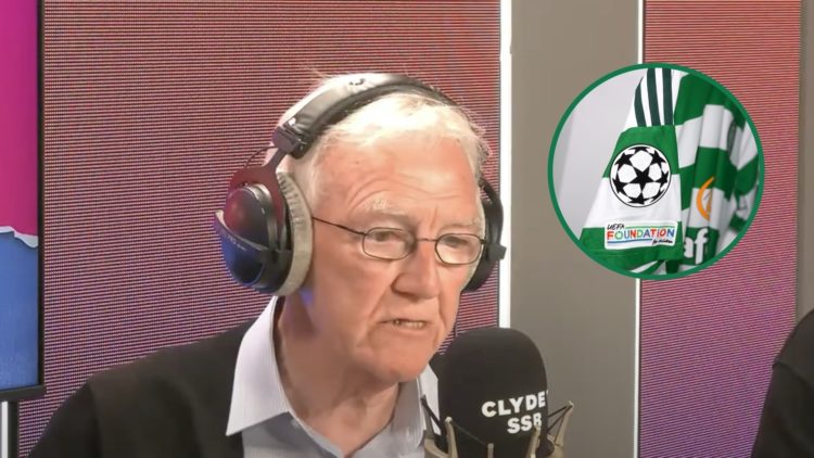 Hugh Keevins speaking live on Clyde 1 Superscoreboard radio show, the Champions League badge printed on Celtic's shirt