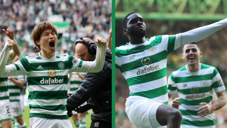 A split image of Kyogo Furuhashi and Odsonne Edouard celebrating after scoring for Celtic against Rangers