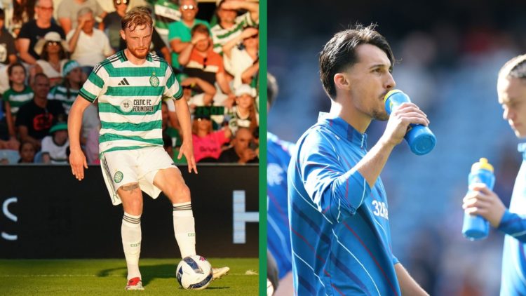 A split image of Liam Scales on the ball for Celtic during their friendly against Sporting CP and Bojan Miovski ahead of Rangers' Premiership clash...