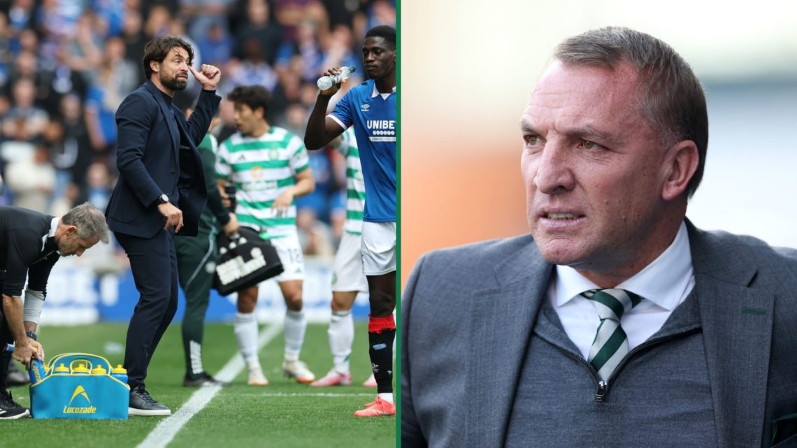 Russell Martin inspects his Rangers players vs Celtic, Brendan Rodgers nervously watches on during Rangers vs Celtic