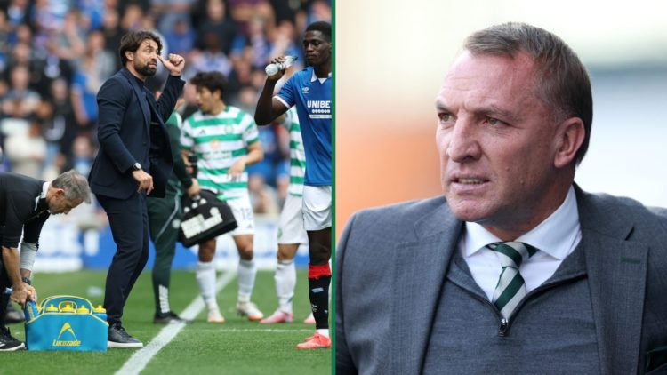 Russell Martin inspects his Rangers players vs Celtic, Brendan Rodgers nervously watches on during Rangers vs Celtic