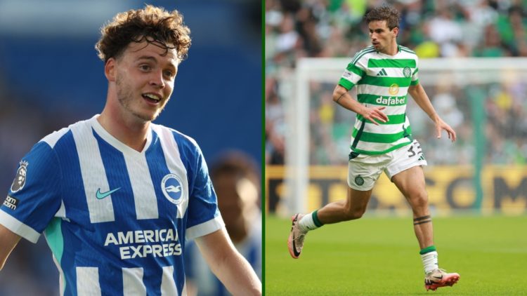 Split image of Brighton midfielder Matt O'Riley playing at Celtic Park and Brighton star Maxim De Cuyper