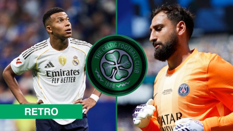 Kylian Mbappe looks on during Real Oviedo vs Real Madrid, an inset of the Celtic badge, Gianluigi Donnarumma looks on during PSG vs Chelsea in the ...